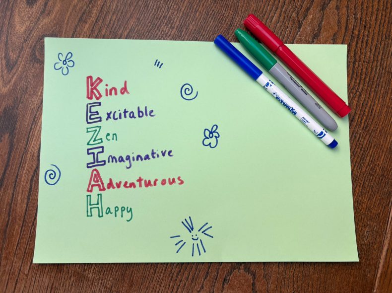 Child's drawing playing the Name game - spelling out the name Keziah