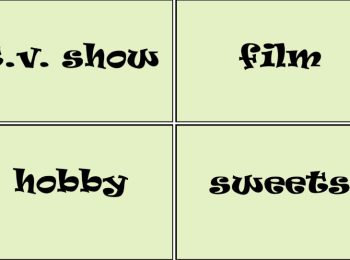 A green background with four flashcards on, reading TV show, film, hobby and sweets