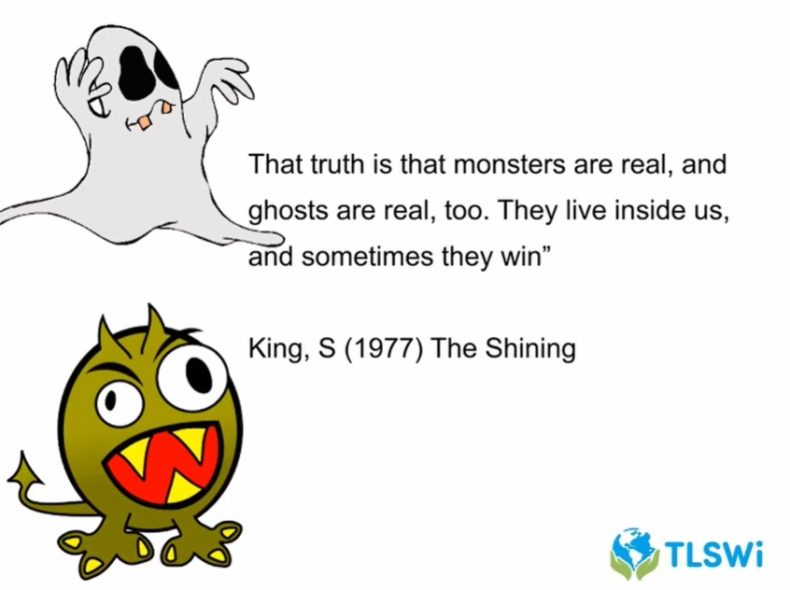A drawing of a ghost and a monster
