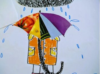 A drawing of a person sheltering under an umbrella from a storm cloud